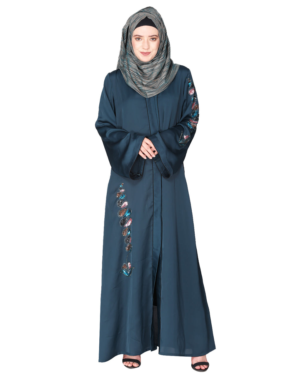Opulent hand embroidered front open abaya with a unique twisted motif of sparkling sequins Bottle Green