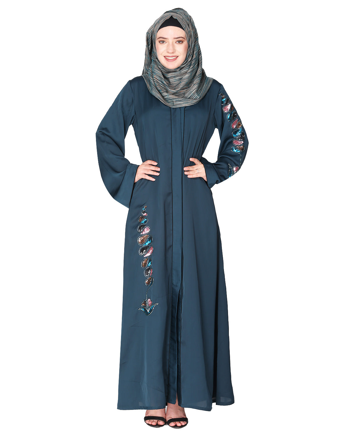 Opulent hand embroidered front open abaya with a unique twisted motif of sparkling sequins Bottle Green