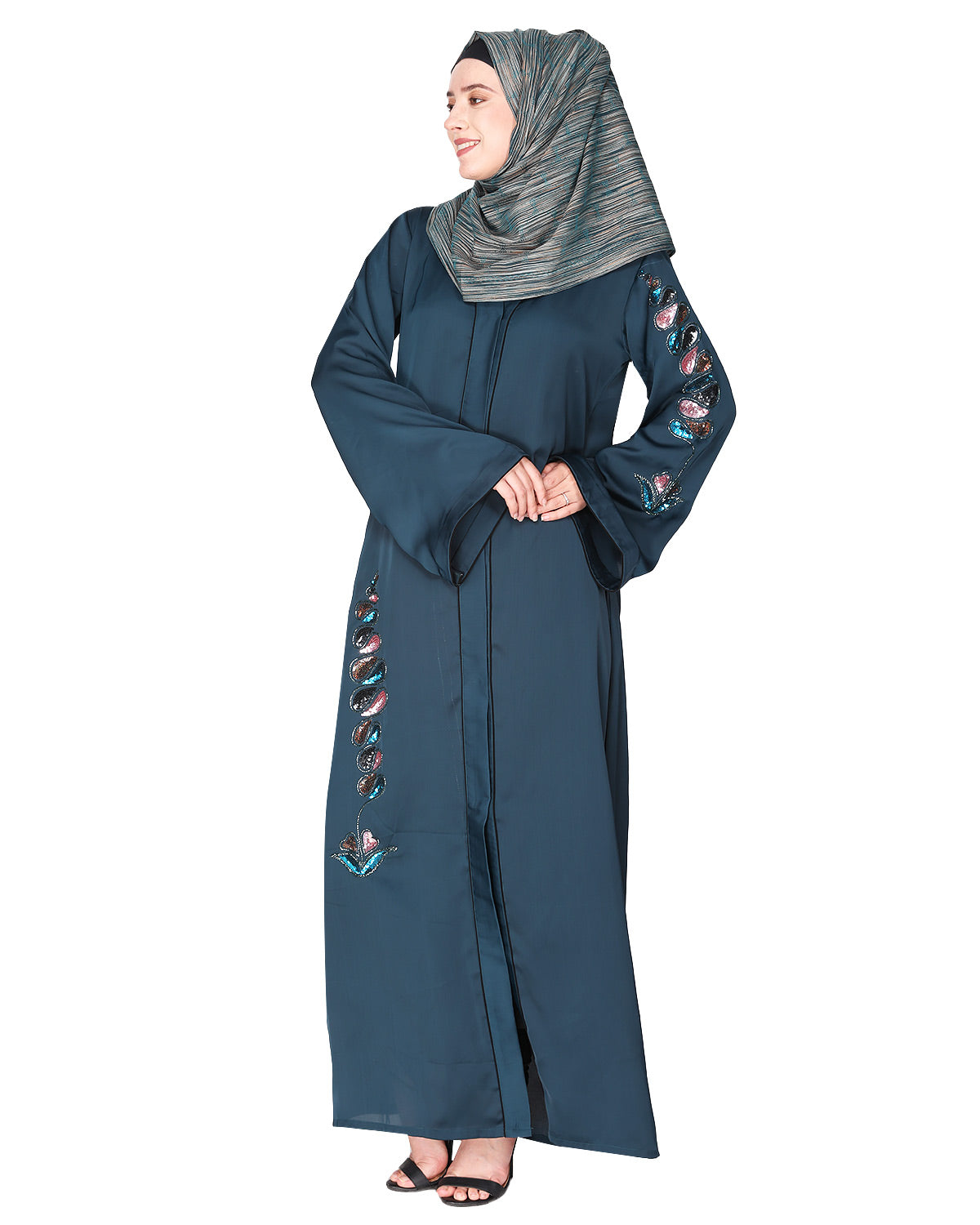 Opulent hand embroidered front open abaya with a unique twisted motif of sparkling sequins Bottle Green