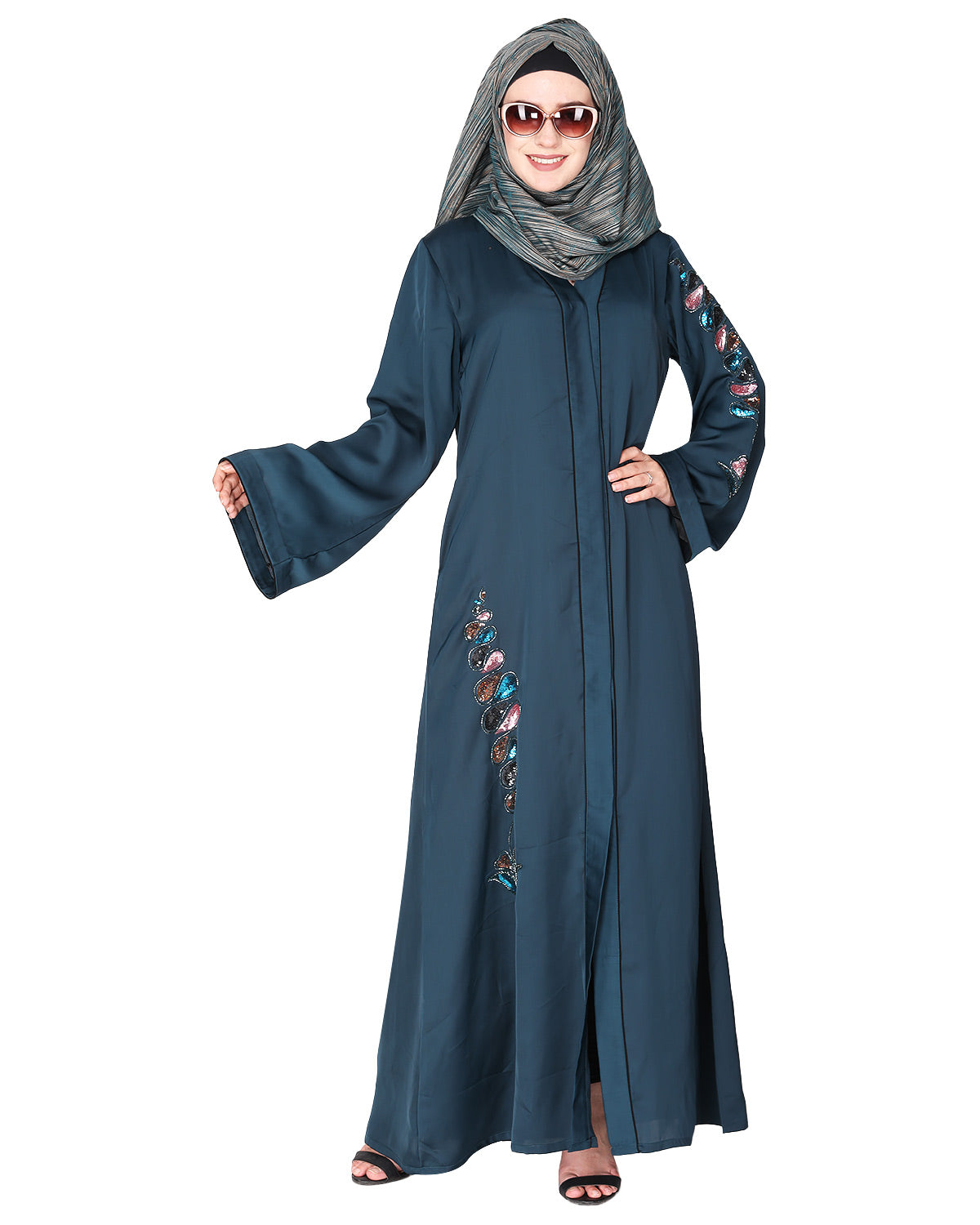 Opulent hand embroidered front open abaya with a unique twisted motif of sparkling sequins Bottle Green