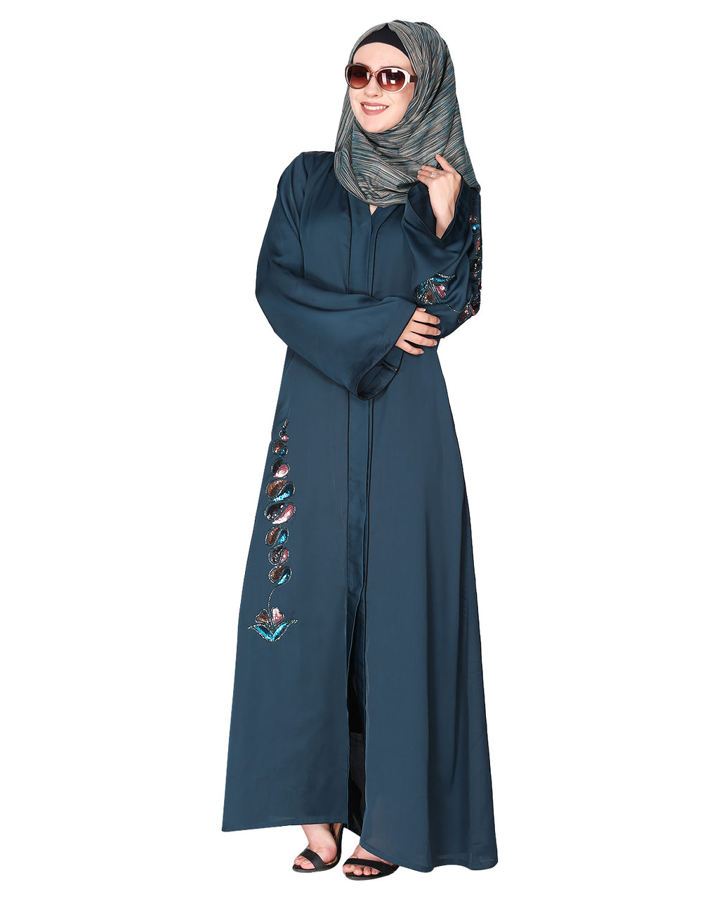 Opulent hand embroidered front open abaya with a unique twisted motif of sparkling sequins Bottle Green