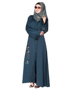 Opulent hand embroidered front open abaya with a unique twisted motif of sparkling sequins Bottle Green