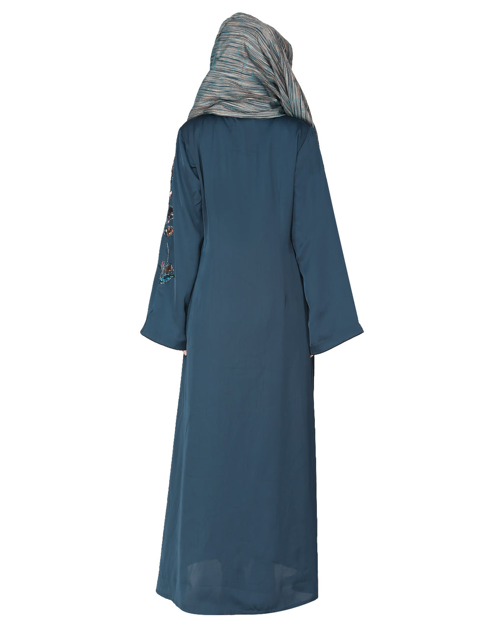 Opulent hand embroidered front open abaya with a unique twisted motif of sparkling sequins Bottle Green