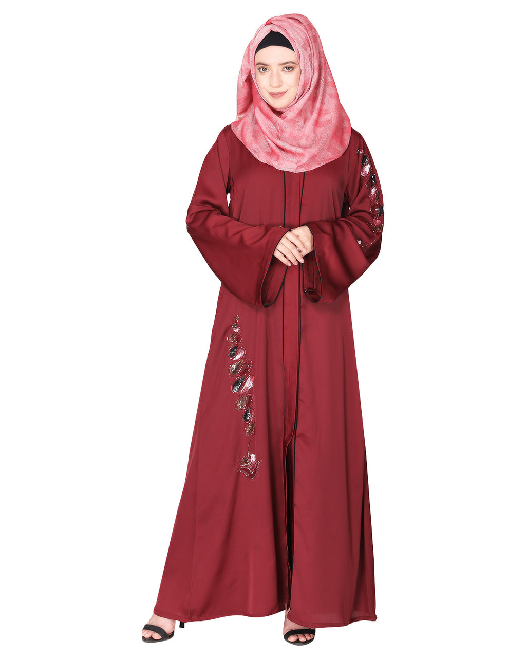 Opulent hand embroidered front open abaya with a unique twisted motif of sparkling sequins Maroon