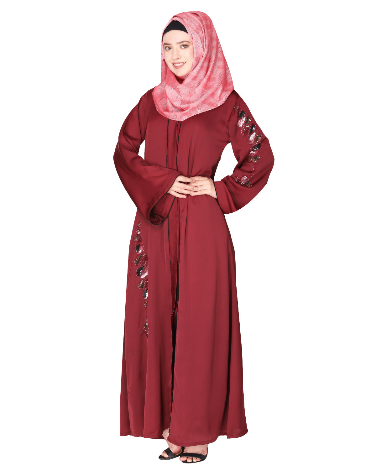 Opulent hand embroidered front open abaya with a unique twisted motif of sparkling sequins Maroon