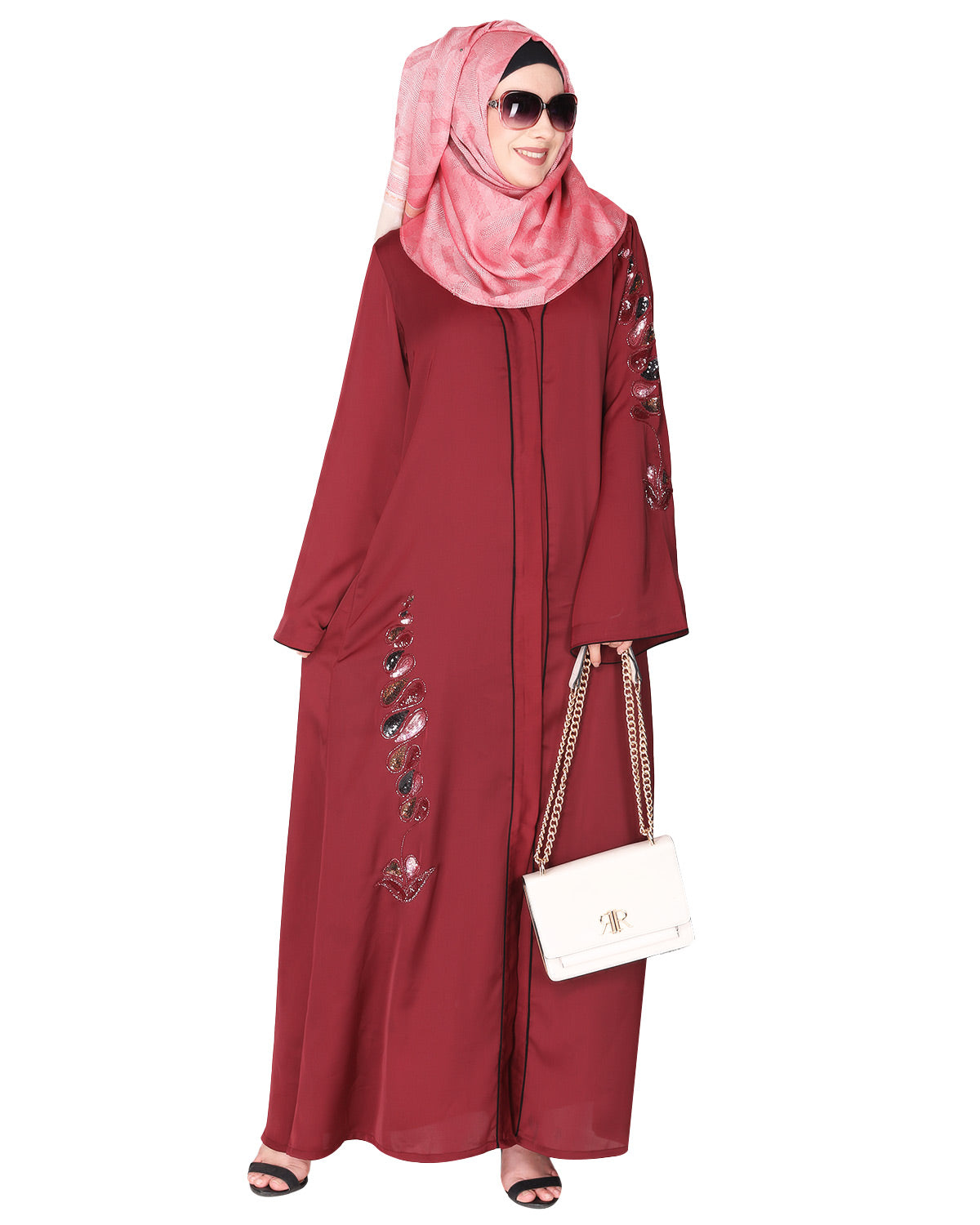 Opulent hand embroidered front open abaya with a unique twisted motif of sparkling sequins Maroon