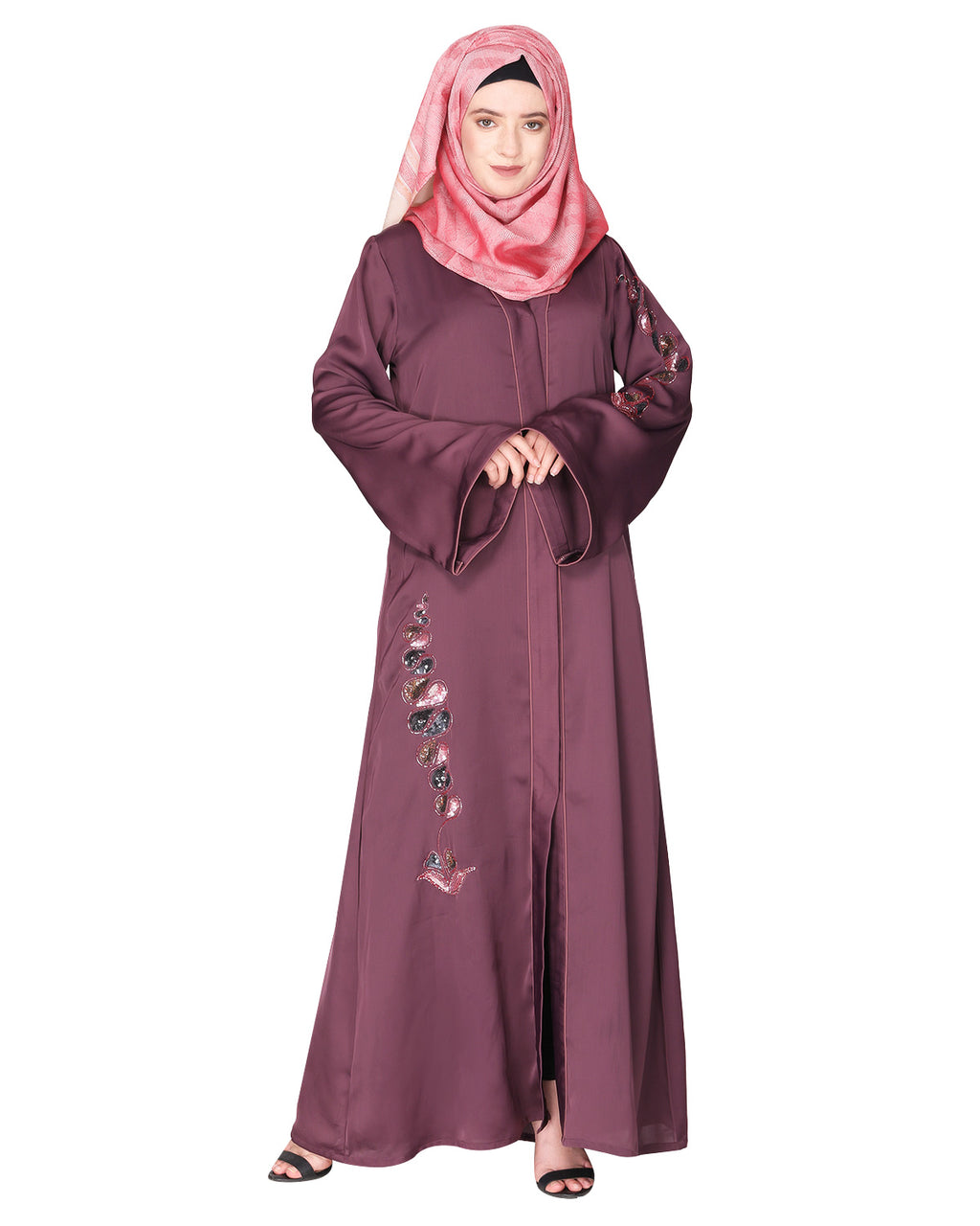 Opulent hand embroidered front open abaya with a unique twisted motif of sparkling sequins Purple