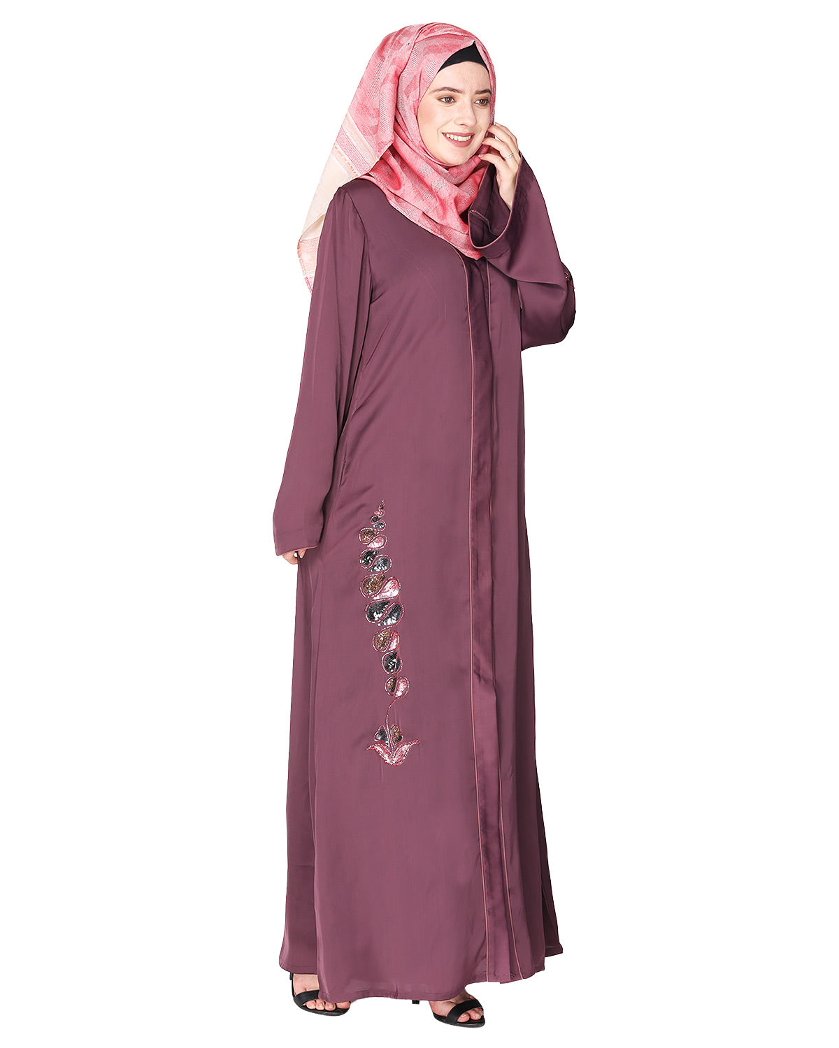 Opulent hand embroidered front open abaya with a unique twisted motif of sparkling sequins Purple