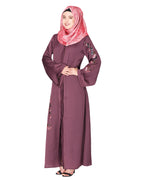 Opulent hand embroidered front open abaya with a unique twisted motif of sparkling sequins Purple