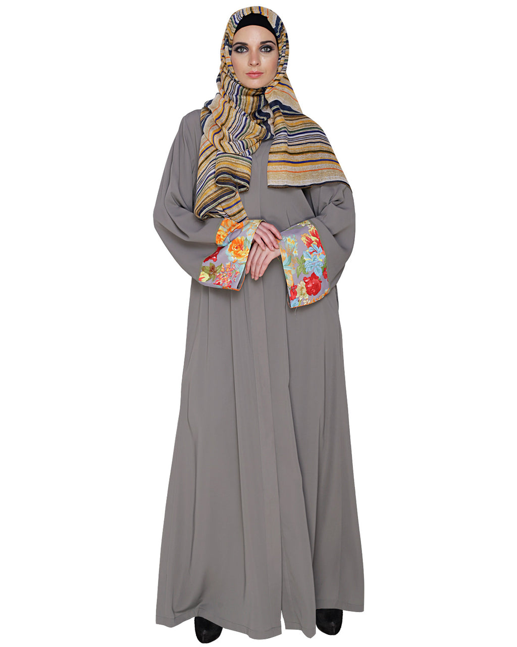 Golden Lace Embellished Abaya Grey