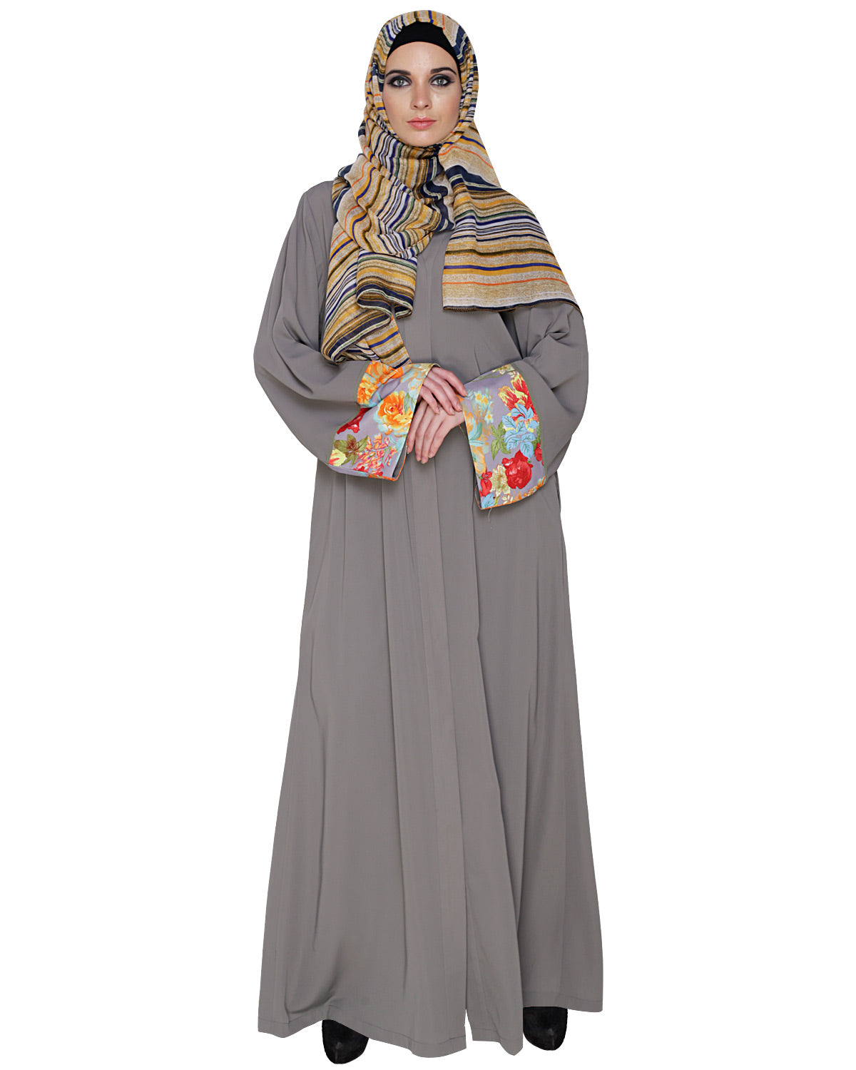 Golden Lace Embellished Abaya Grey