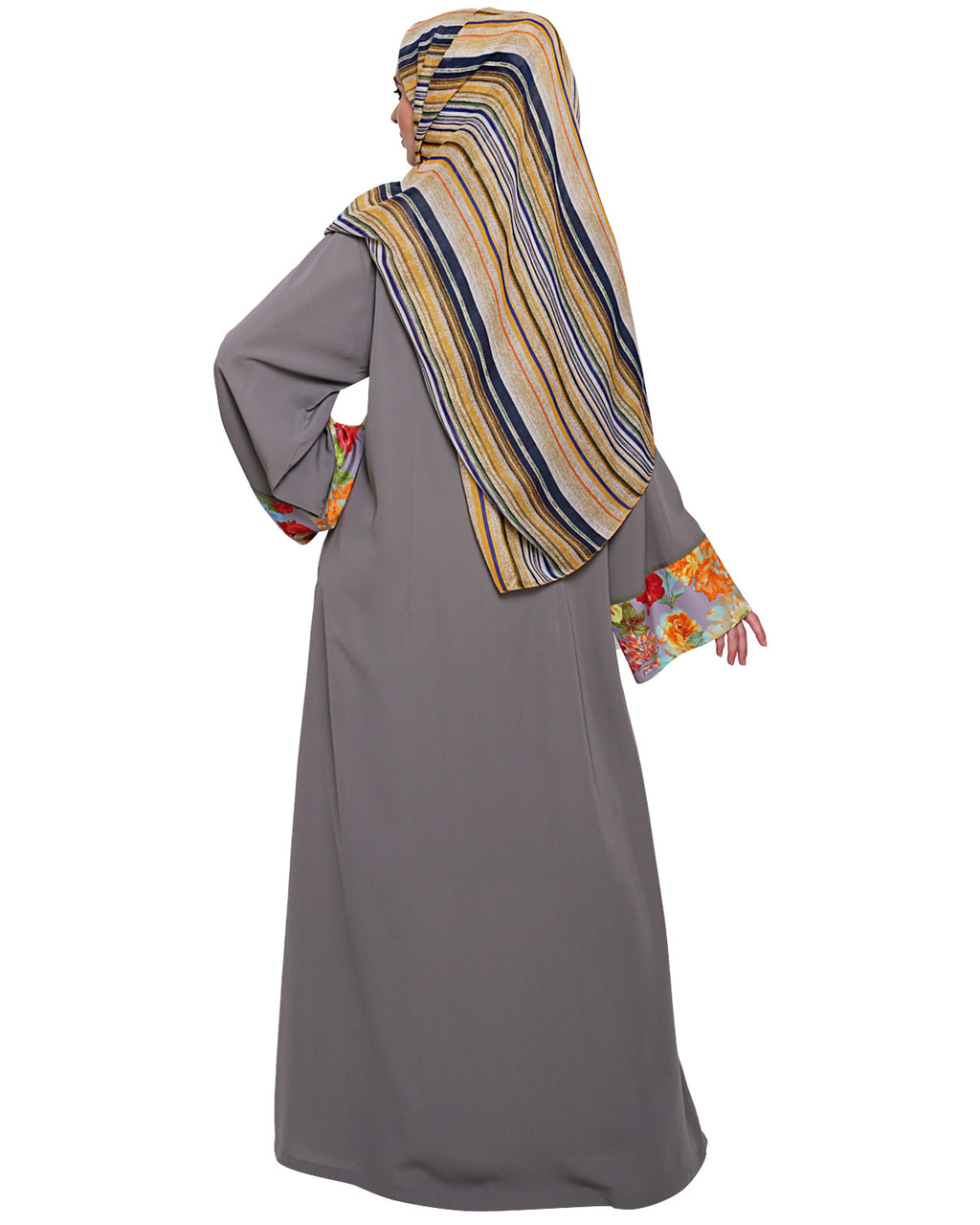 Golden Lace Embellished Abaya Grey