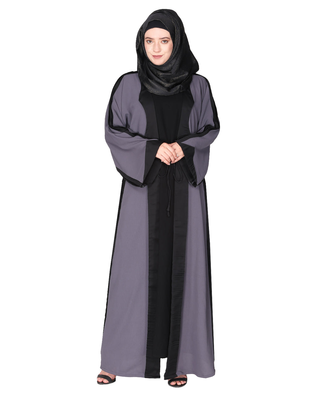 Smart casual shrug styl abaya with distinct reverse sleeves & collar. Dark Grey