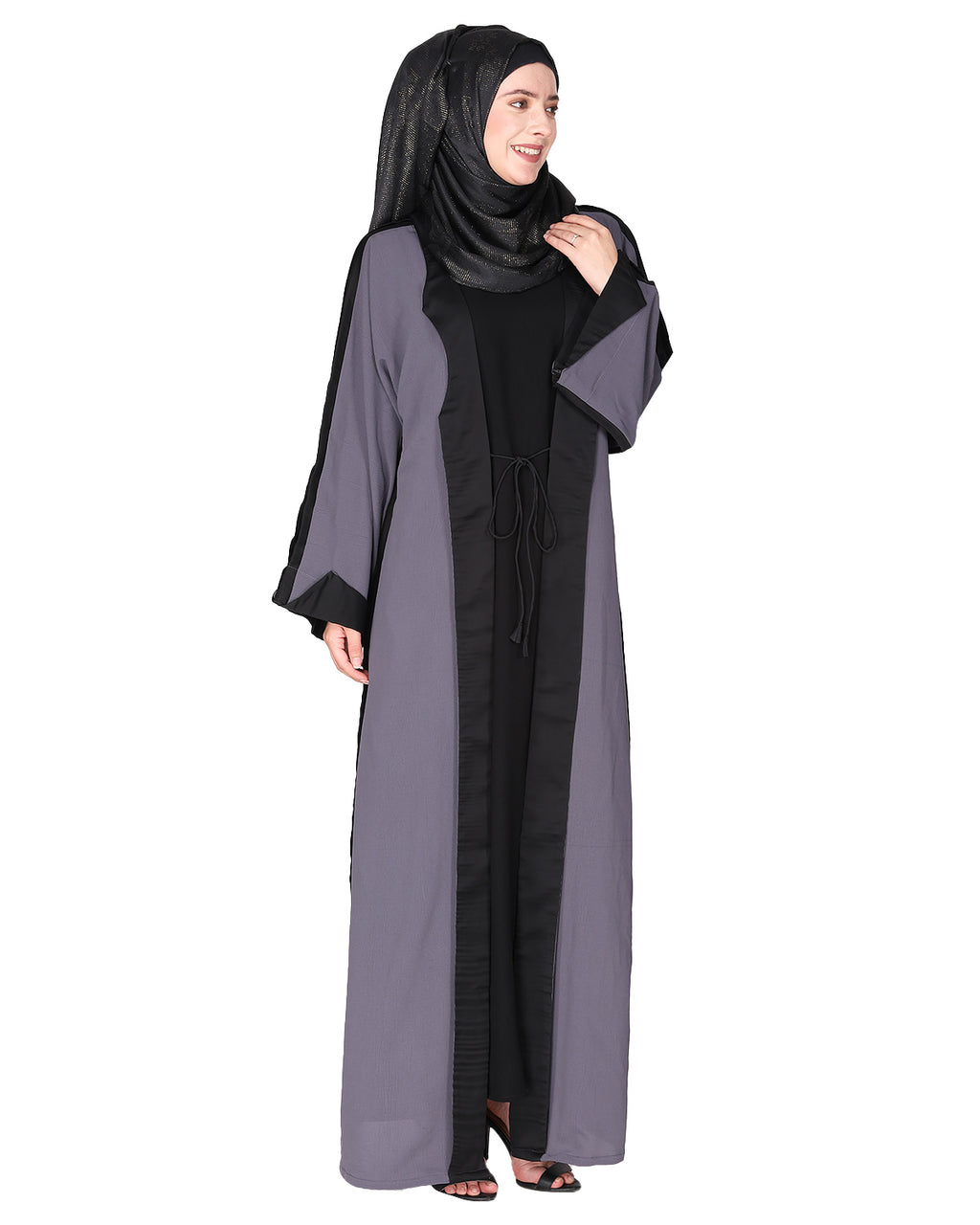 Smart casual shrug styl abaya with distinct reverse sleeves & collar. Dark Grey
