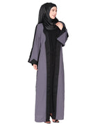 Smart casual shrug styl abaya with distinct reverse sleeves & collar. Dark Grey