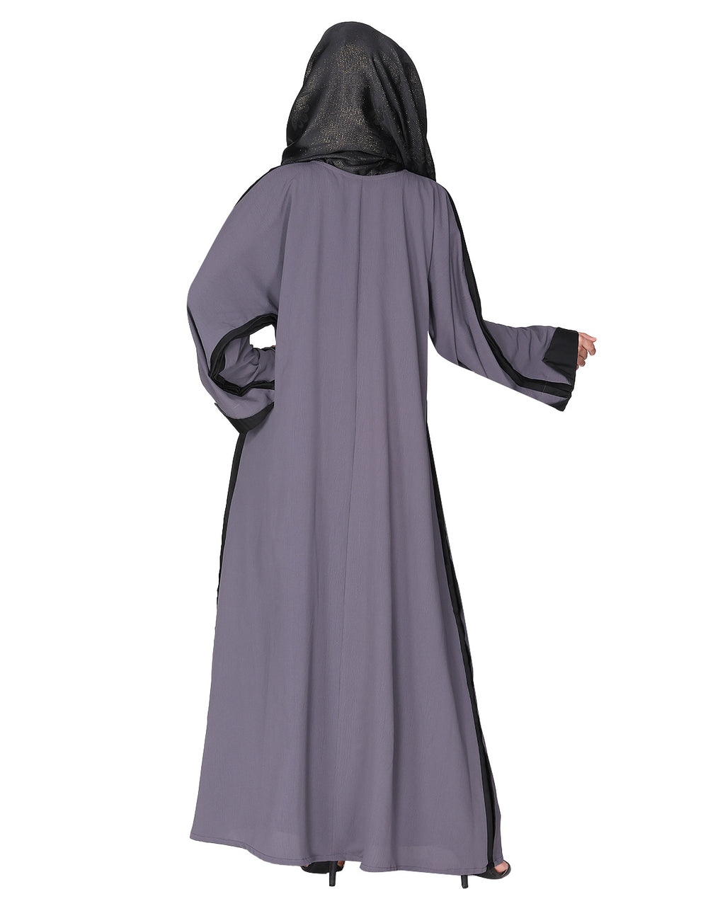 Smart casual shrug styl abaya with distinct reverse sleeves & collar. Dark Grey