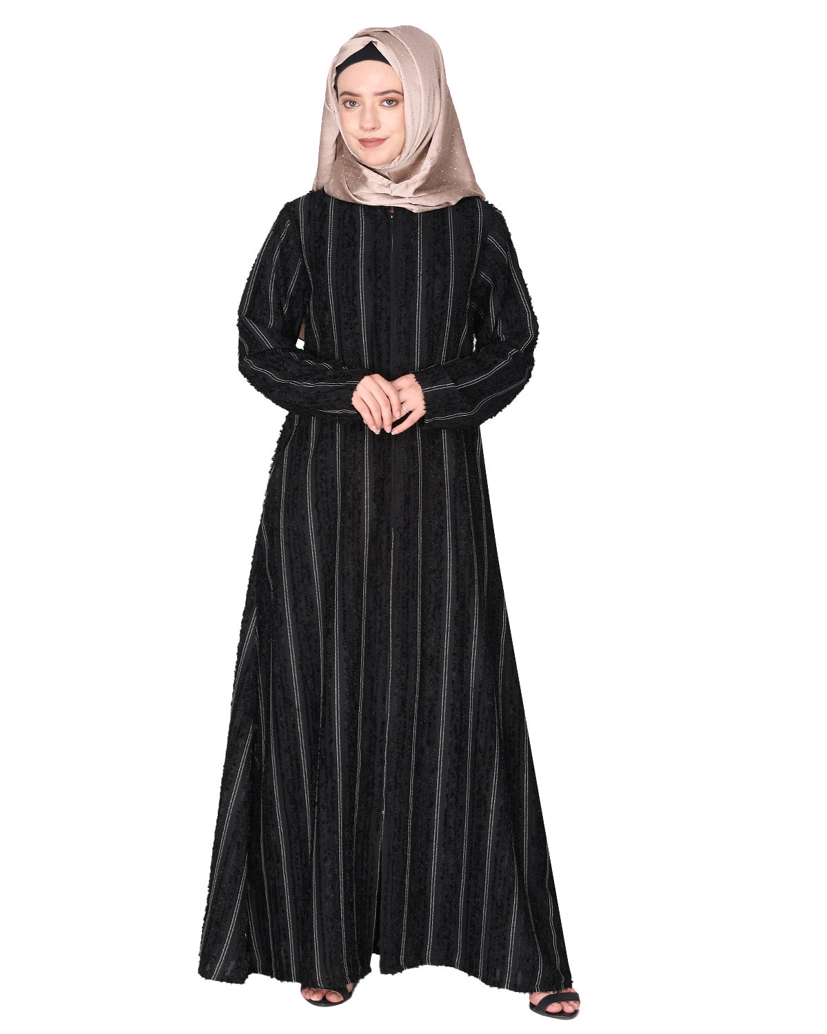 Affluent front open zipped black abaya in fancy Pin striped furr fabric Black