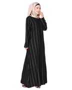 Affluent front open zipped black abaya in fancy Pin striped furr fabric Black