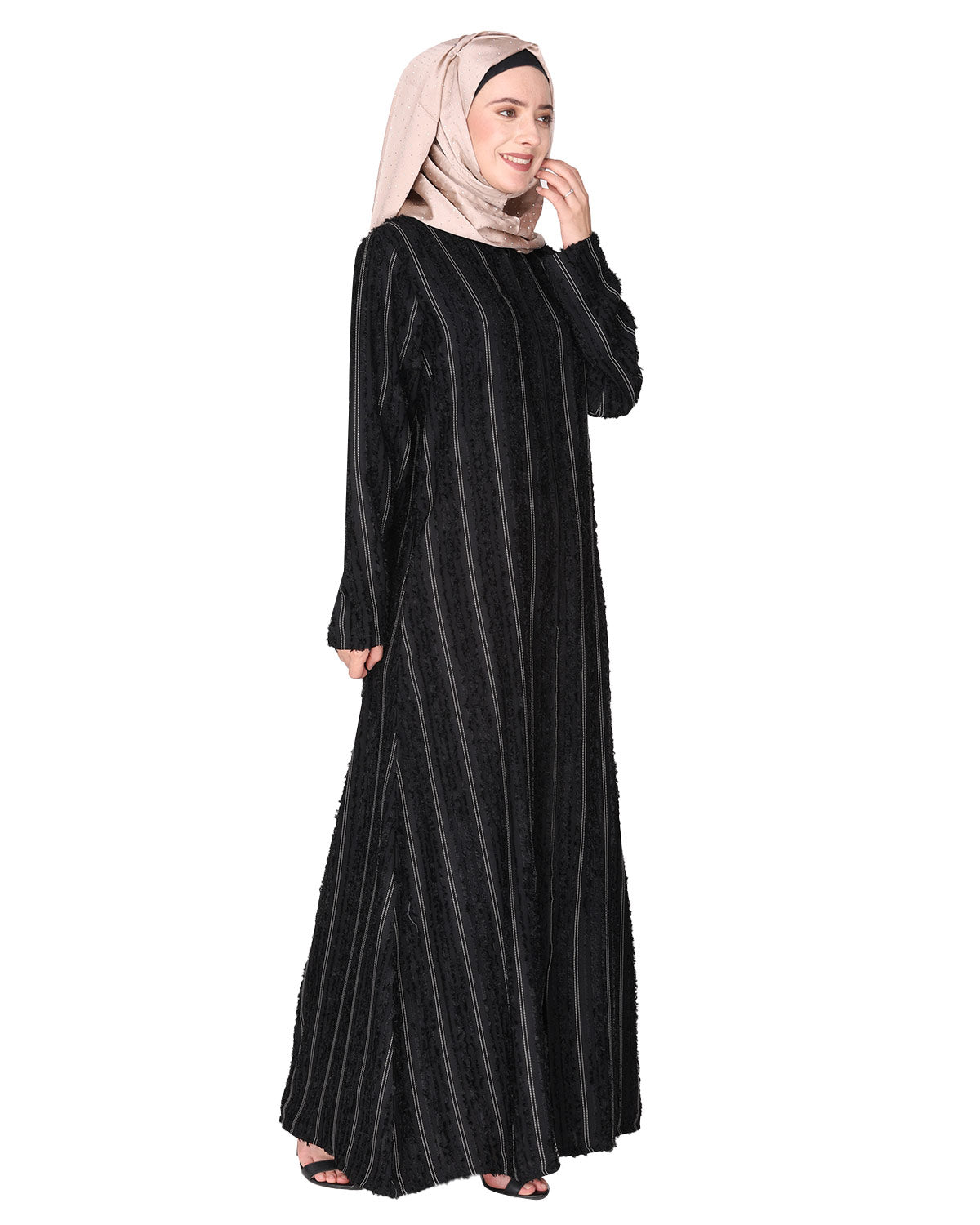 Affluent front open zipped black abaya in fancy Pin striped furr fabric Black