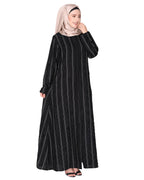 Affluent front open zipped black abaya in fancy Pin striped furr fabric Black