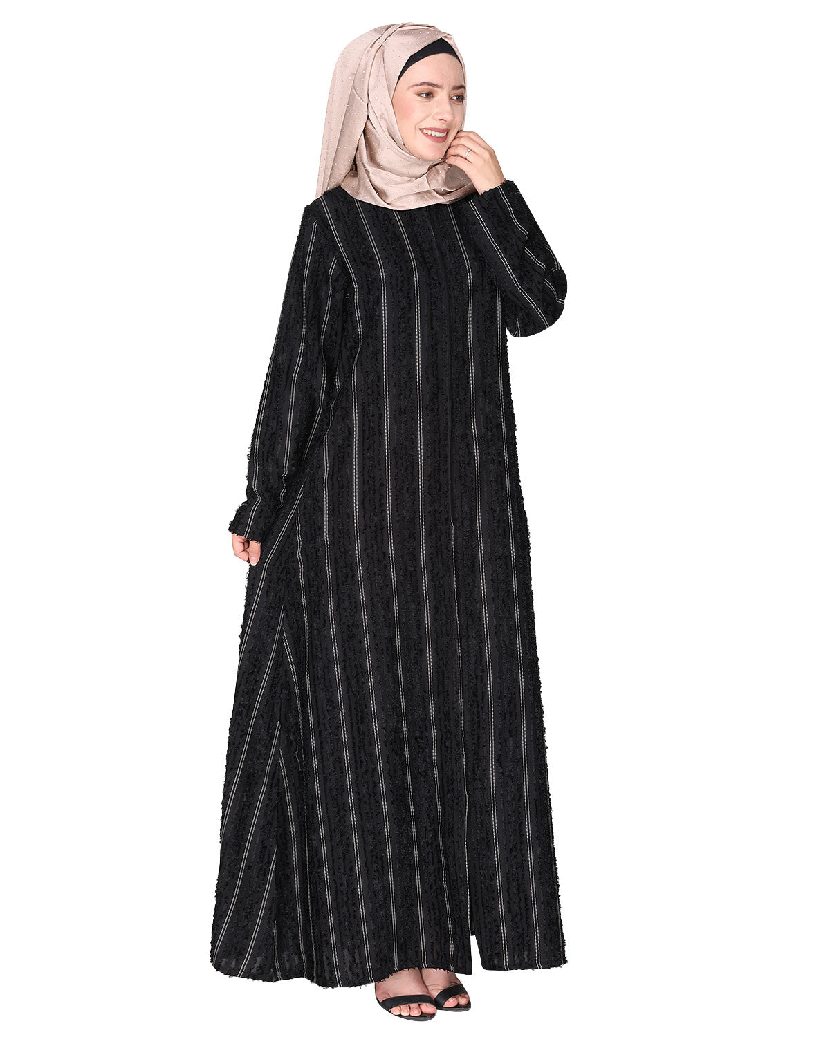 Affluent front open zipped black abaya in fancy Pin striped furr fabric Black