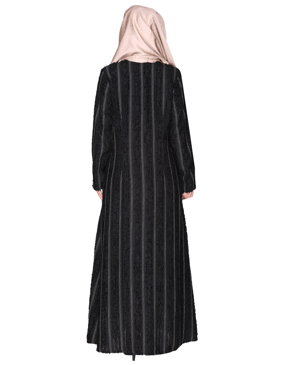Affluent front open zipped black abaya in fancy Pin striped furr fabric Black