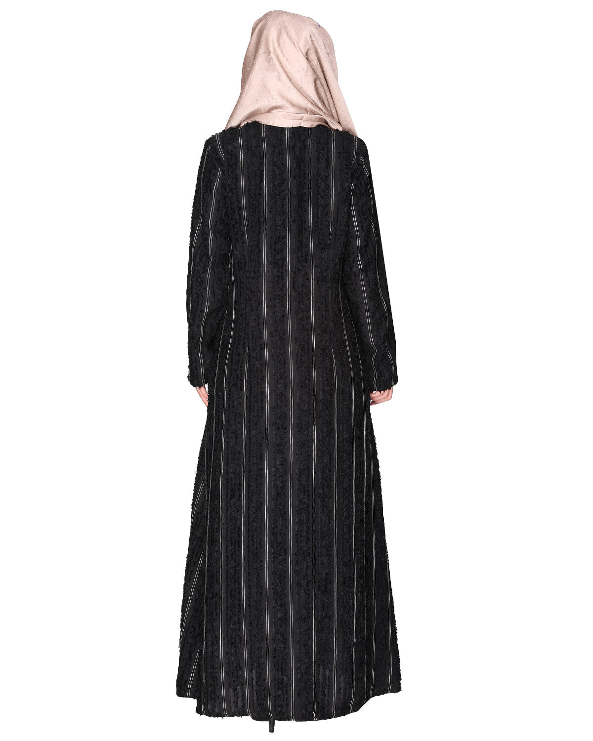 Affluent front open zipped black abaya in fancy Pin striped furr fabric Black