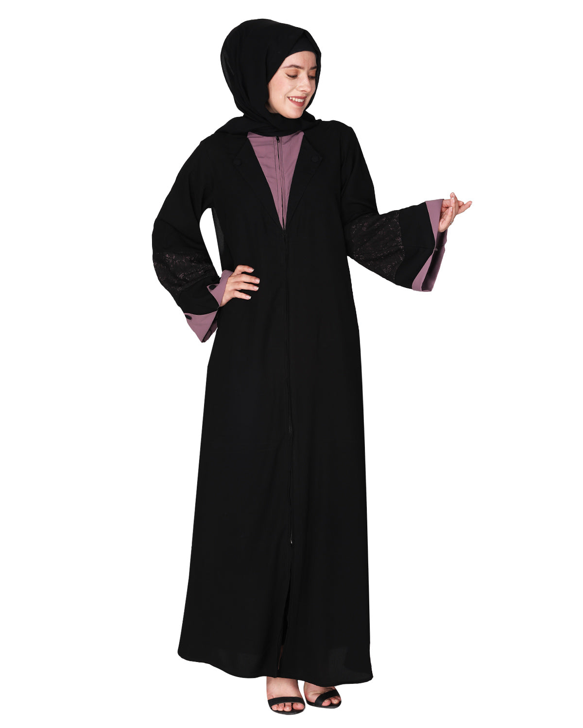 Contemporary jacket type front open abaya with stylish laced sleeves Purple & Black