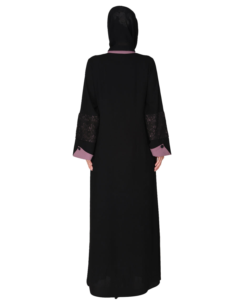 Contemporary jacket type front open abaya with stylish laced sleeves Purple & Black