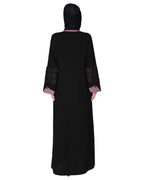 Contemporary jacket type front open abaya with stylish laced sleeves Purple & Black