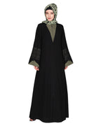 Contemporary jacket type front open abaya with stylish laced sleeves Green & Black