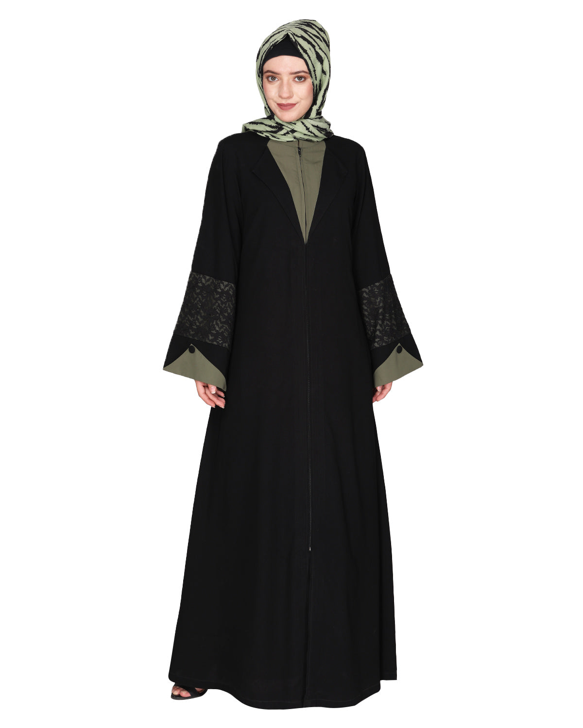 Contemporary jacket type front open abaya with stylish laced sleeves Green & Black