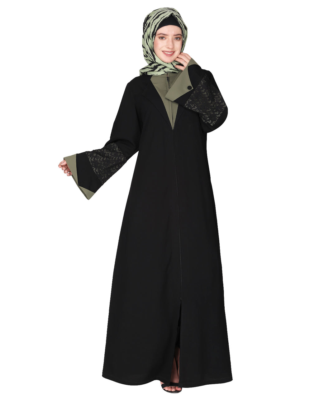 Contemporary jacket type front open abaya with stylish laced sleeves Green & Black