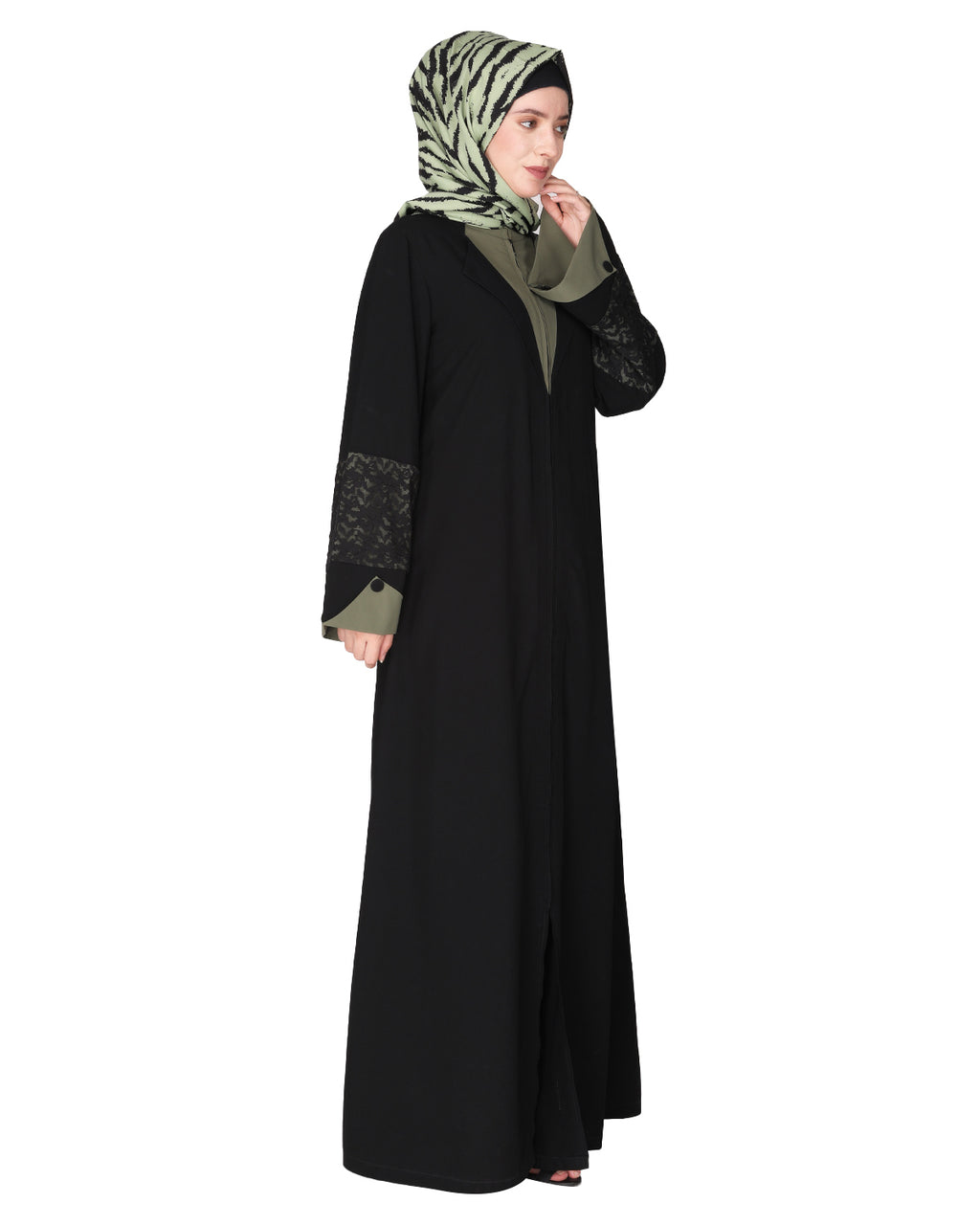 Contemporary jacket type front open abaya with stylish laced sleeves Green & Black