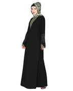 Contemporary jacket type front open abaya with stylish laced sleeves Green & Black