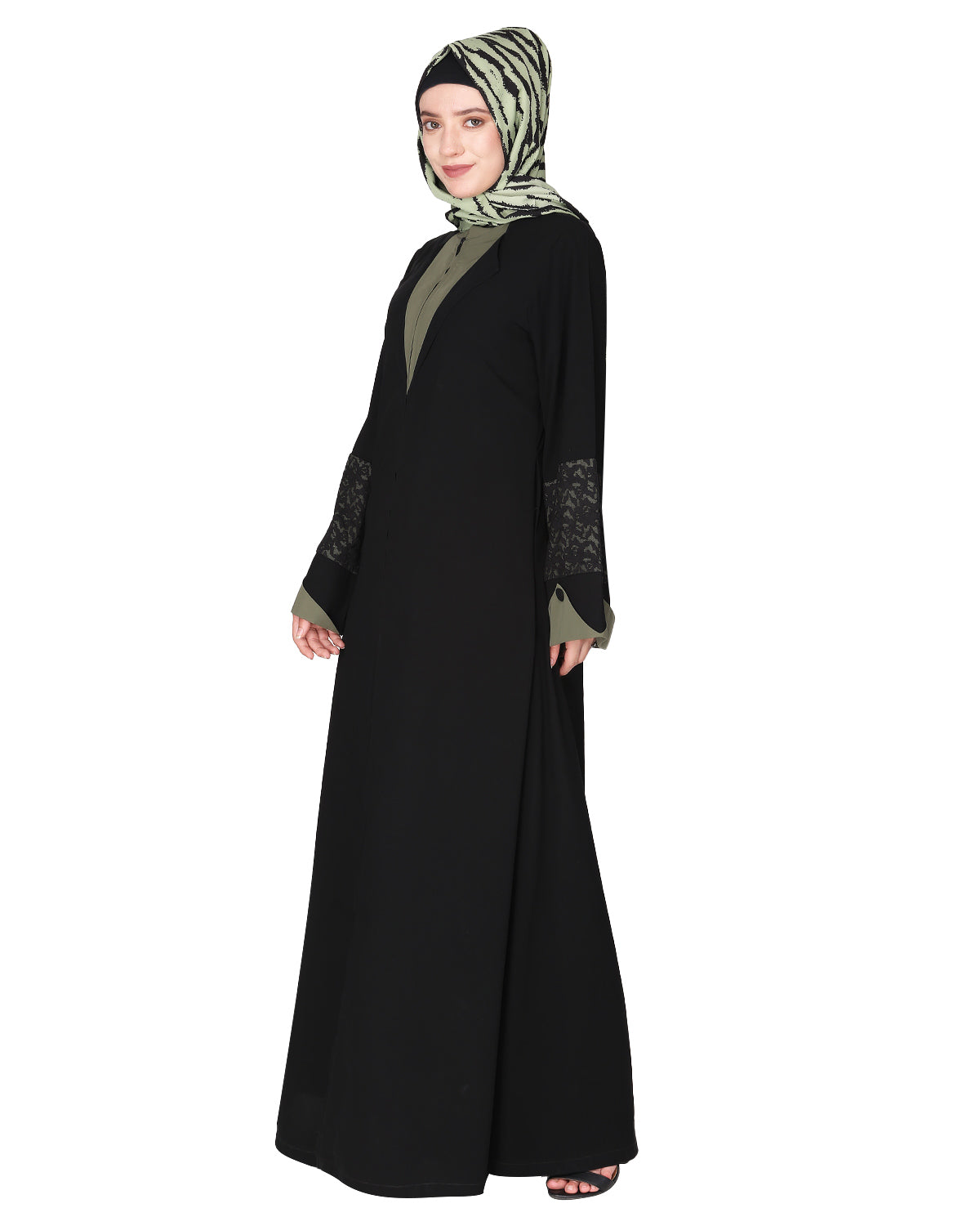 Contemporary jacket type front open abaya with stylish laced sleeves Green & Black