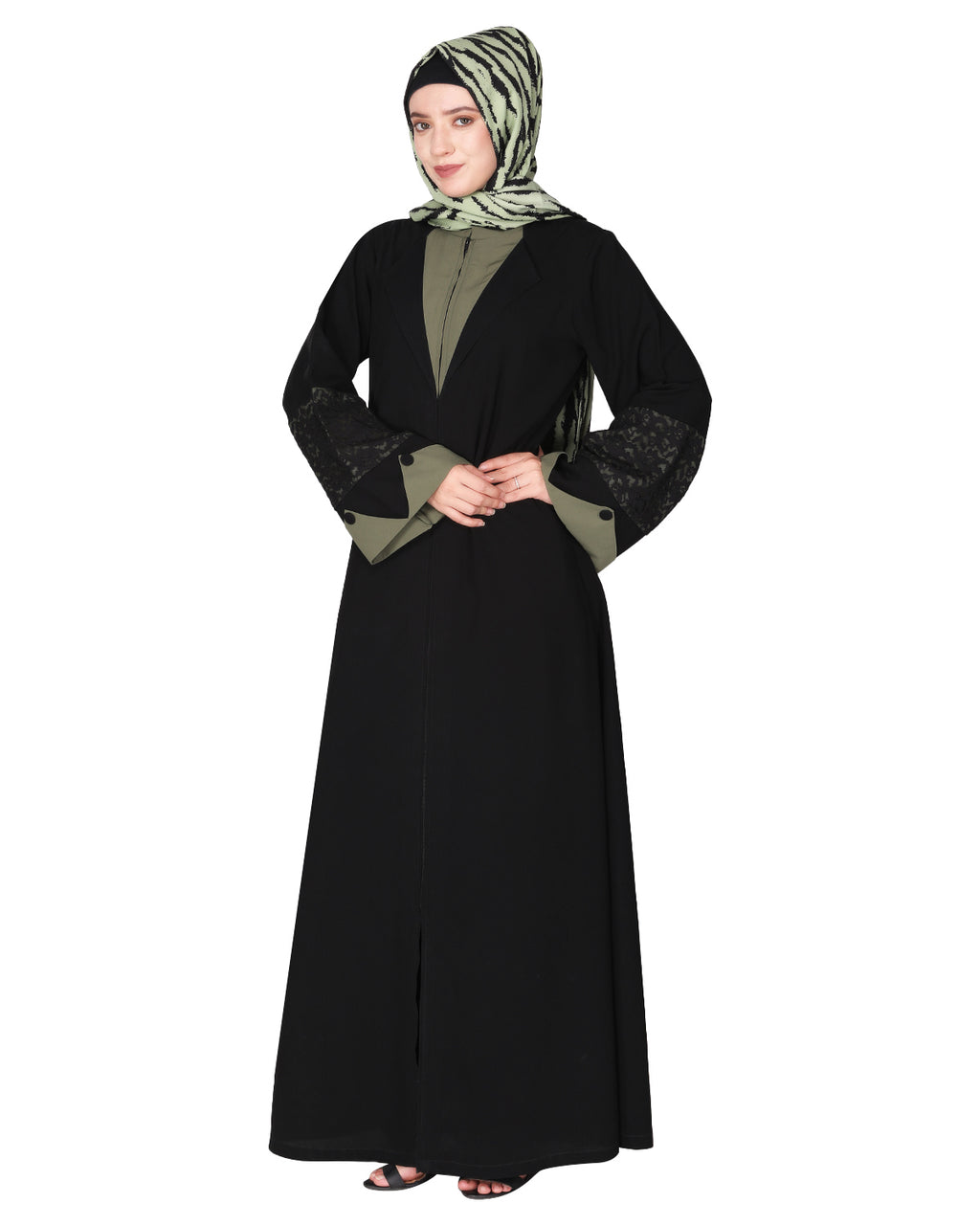 Contemporary jacket type front open abaya with stylish laced sleeves Green & Black