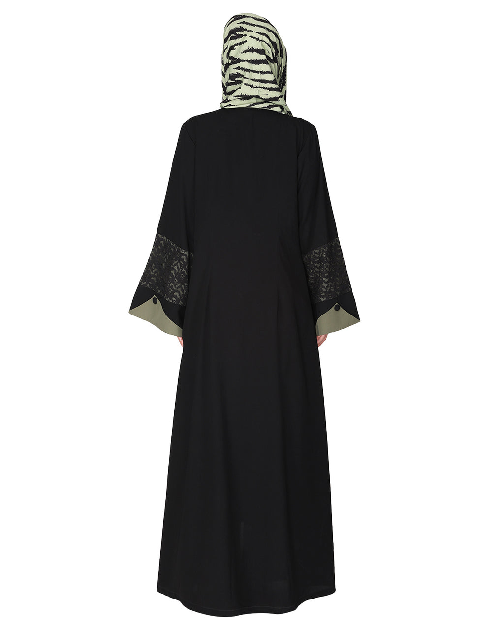 Contemporary jacket type front open abaya with stylish laced sleeves Green & Black