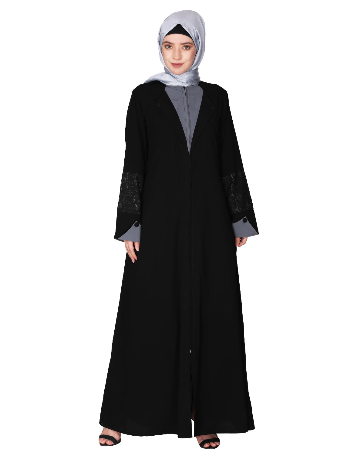 Contemporary jacket type front open abaya with stylish laced sleeves Black & Grey