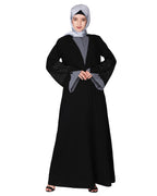 Contemporary jacket type front open abaya with stylish laced sleeves Black & Grey