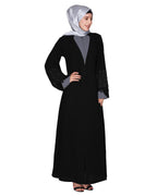 Contemporary jacket type front open abaya with stylish laced sleeves Black & Grey