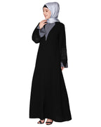 Contemporary jacket type front open abaya with stylish laced sleeves Black & Grey