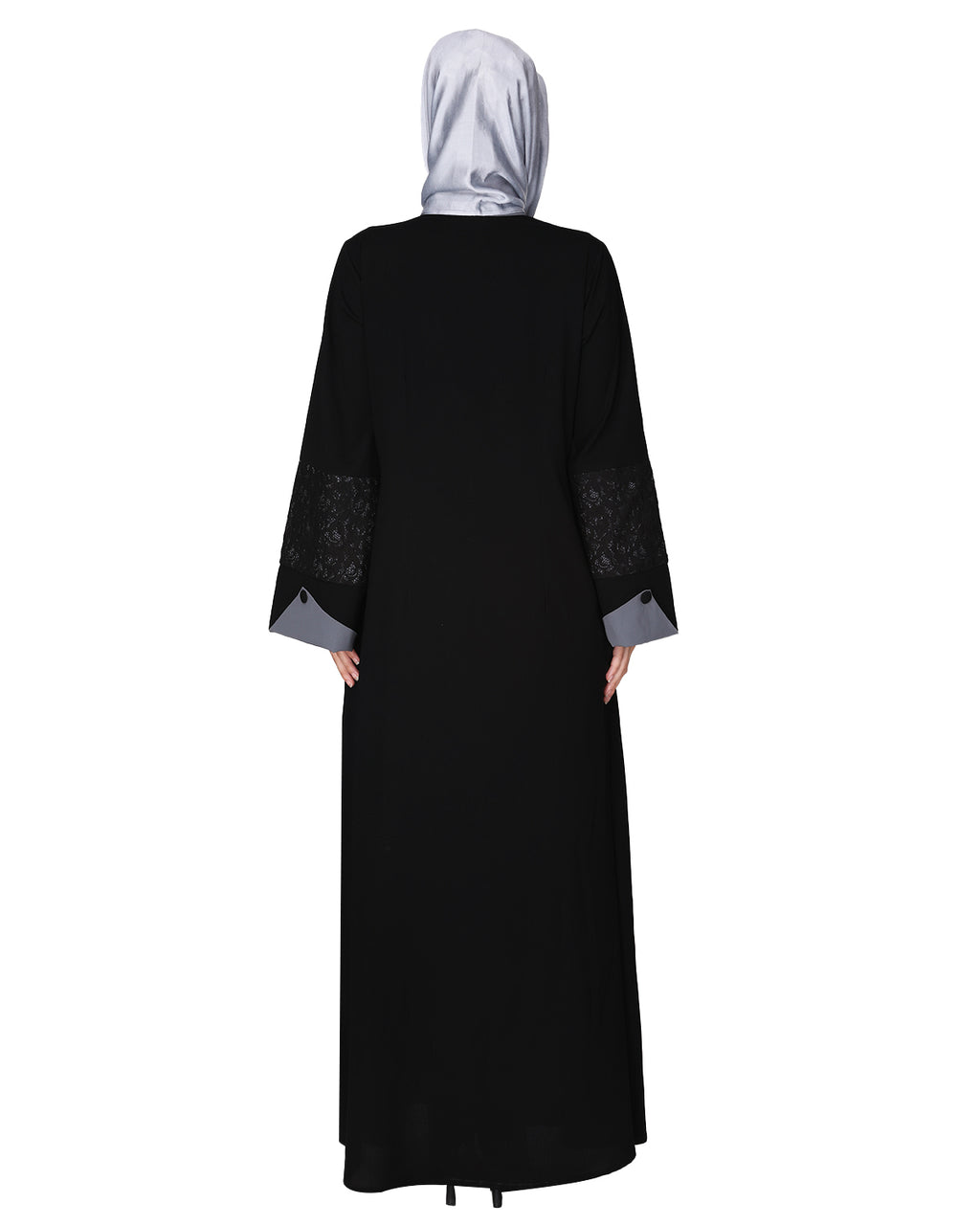 Contemporary jacket type front open abaya with stylish laced sleeves Black & Grey