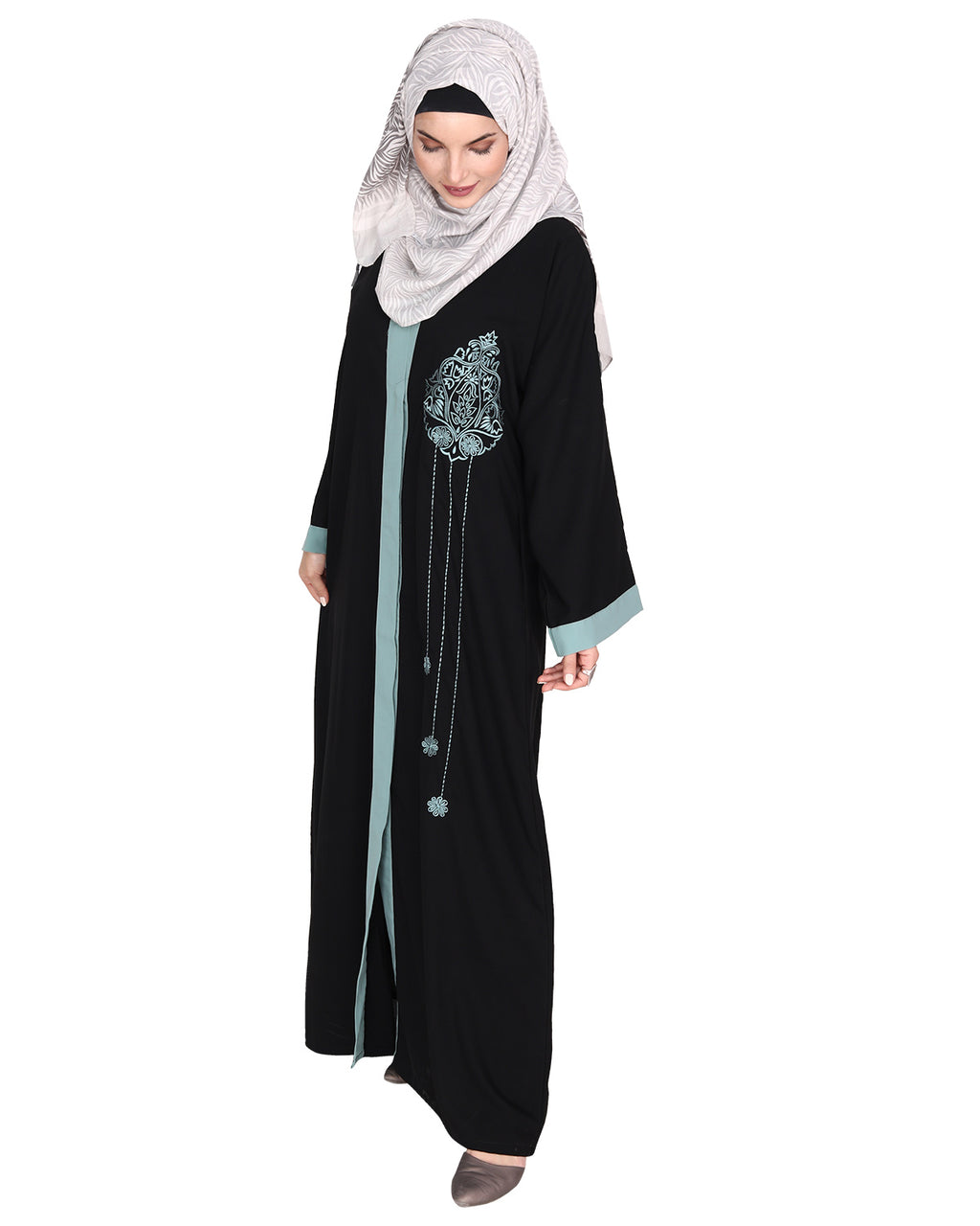 Contemporary jacket type front open abaya with stylish laced sleeves Black & Sage