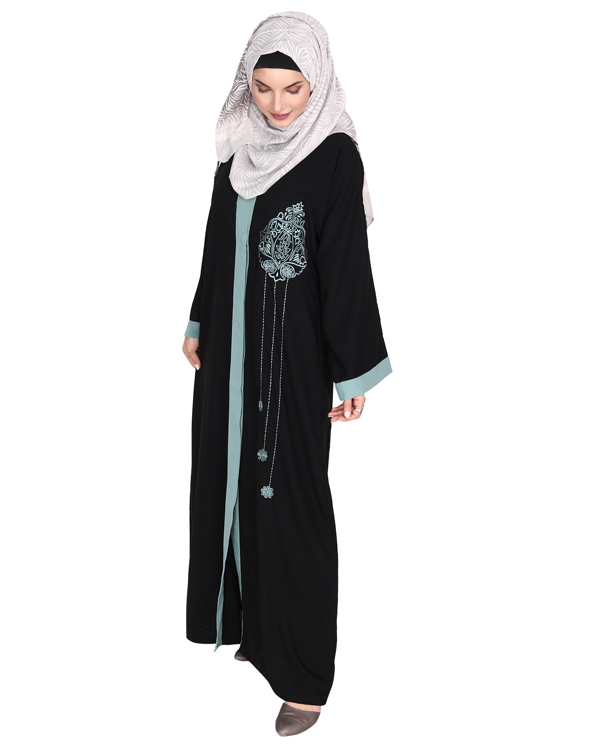 Contemporary jacket type front open abaya with stylish laced sleeves Black & Sage