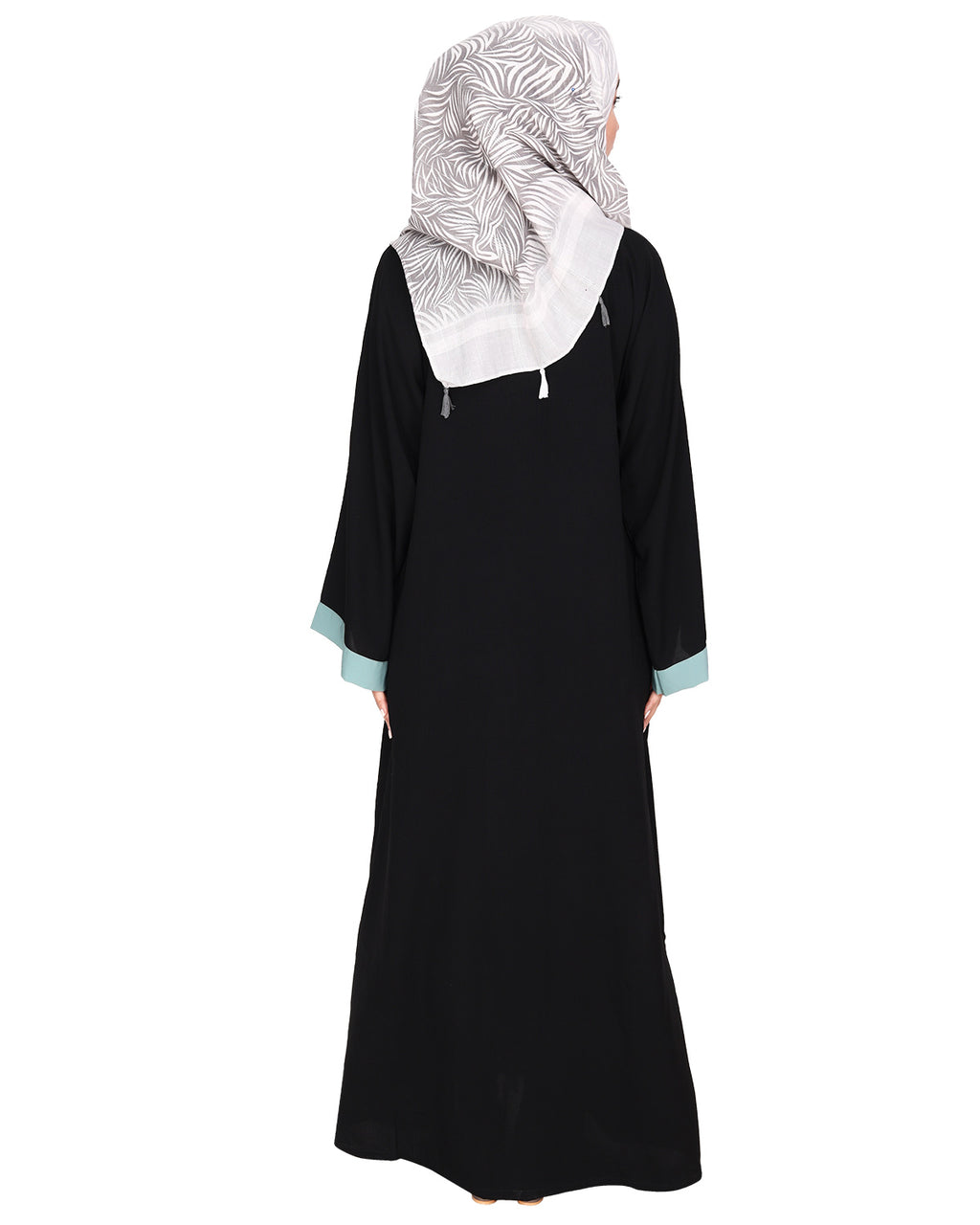 Contemporary jacket type front open abaya with stylish laced sleeves Black & Sage
