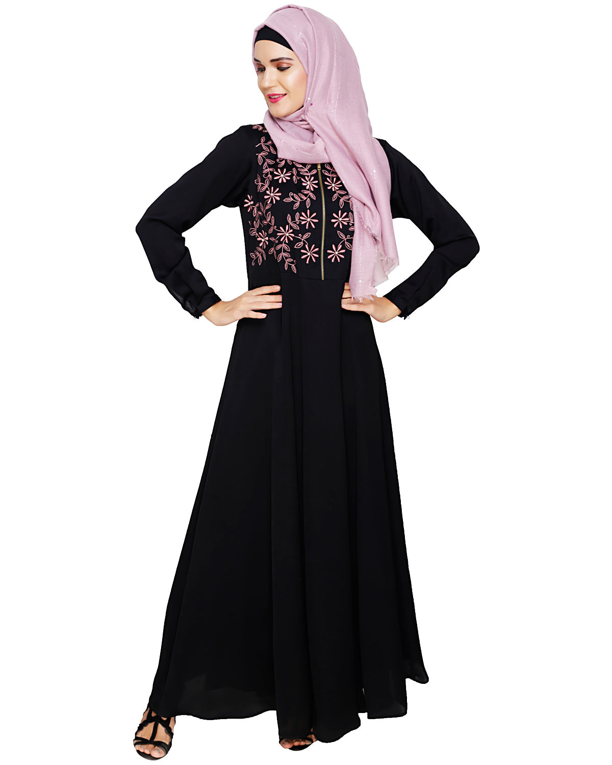 Beautiful Embroidered Abaya Yoke Black