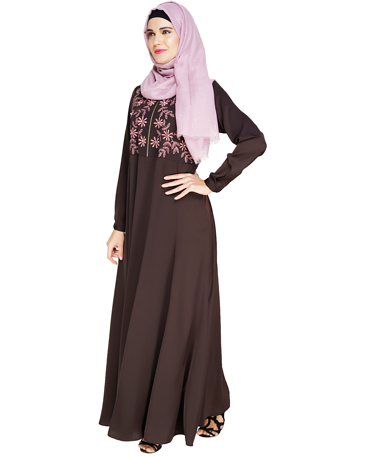 Beautiful Embroidered Abaya Yoke Brown