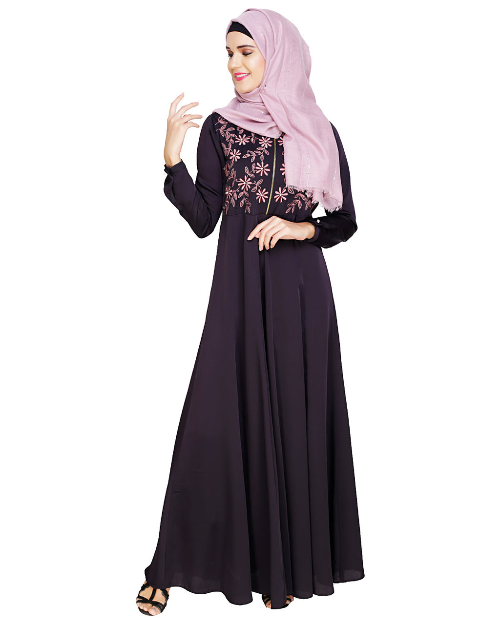 Beautiful Embroidered Abaya Yoke Dark Purple