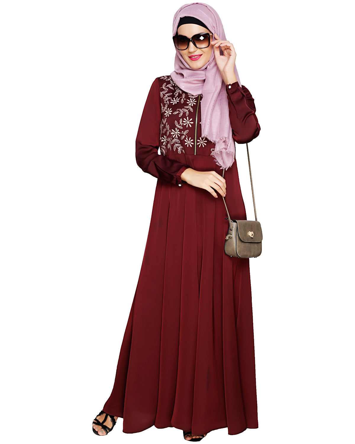 Beautiful Embroidered Abaya Yoke Wine